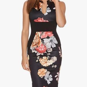 Women's Sleeveless Deep V Neck Floral Print Cocktail Party Pencil Dress Sz L